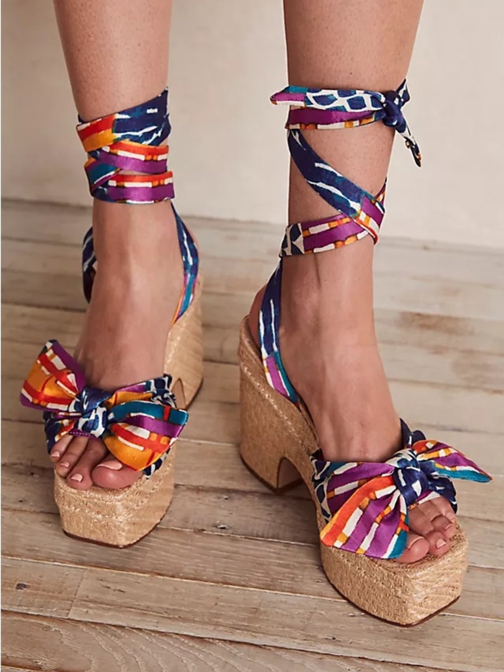 Colorful Striped Ankle-Tie Platform Sandals - Multicolor